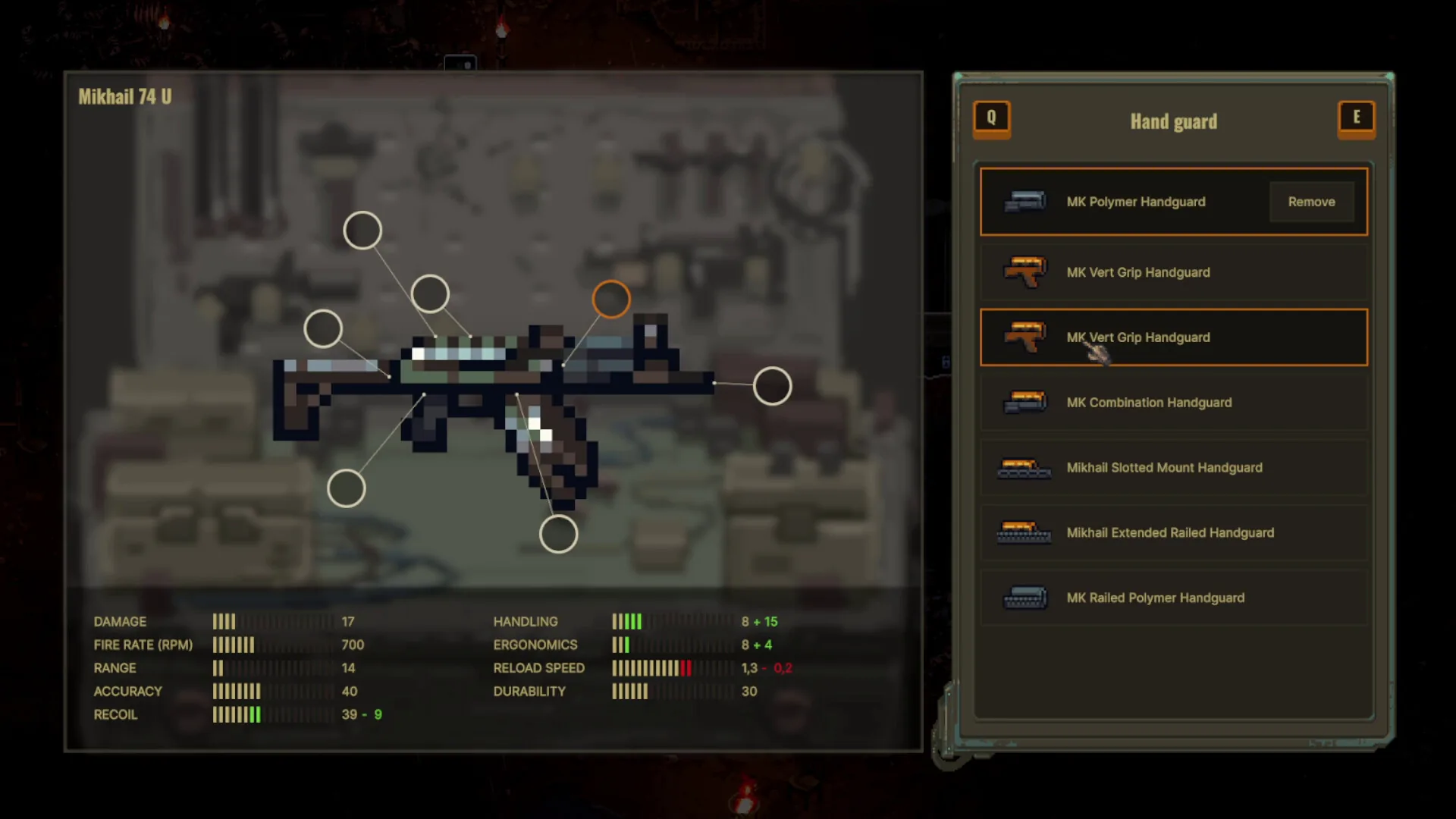Scavland Mikhail 74U tactical weapon workbench showing durability stats and attachment slots